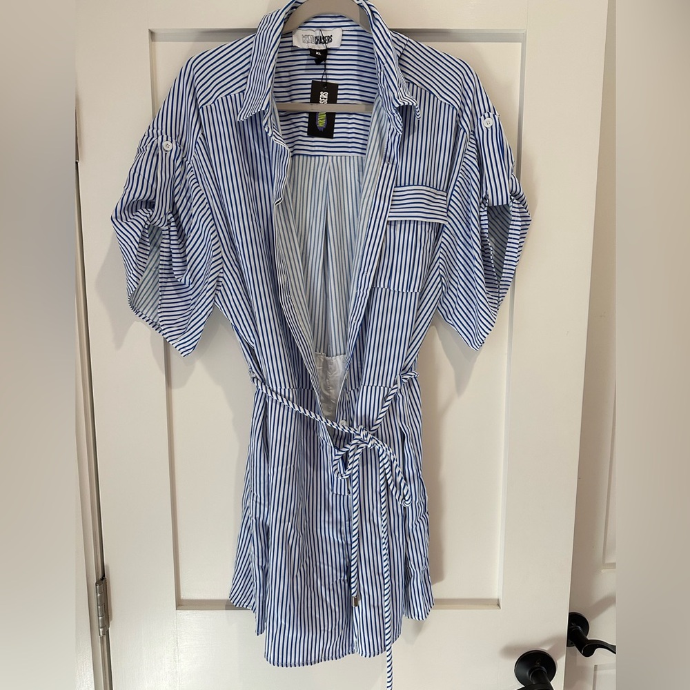 WKNDCHASERS BLUE PIN STRIPED ROMPER